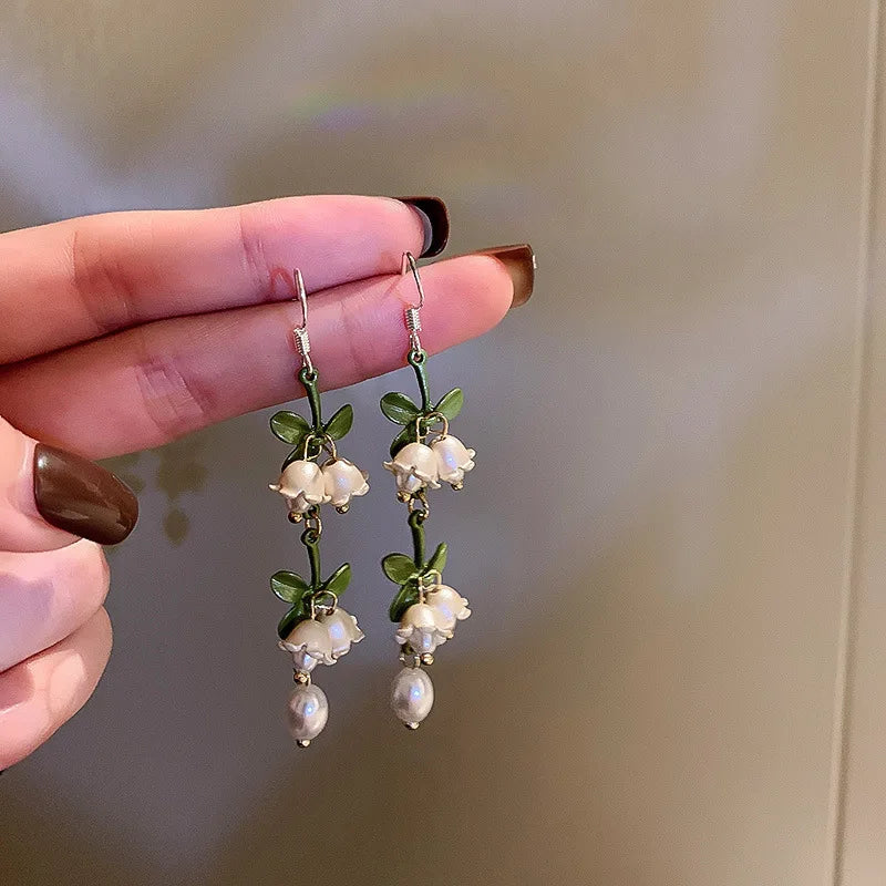 Lily Of The Valley Pearl Green Ear Hook Long Earrings