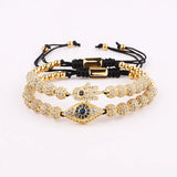 Men Jewelry Plated CZ Pave Eye Hand Charm Beaded Macrame Bracelet Set Male