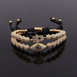 Men Jewelry Plated CZ Pave Eye Hand Charm Beaded Macrame Bracelet Set Male