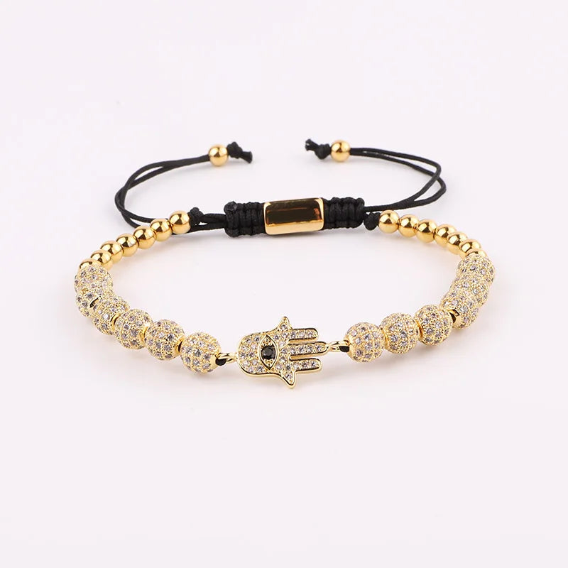 Men Jewelry Plated CZ Pave Eye Hand Charm Beaded Macrame Bracelet Set Male