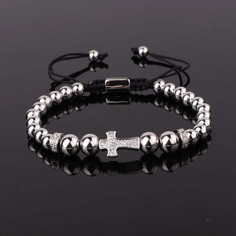 Men's CZ Micro Pave Cross Charm Beads Bracelet