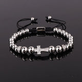 Men's CZ Micro Pave Cross Charm Beads Bracelet