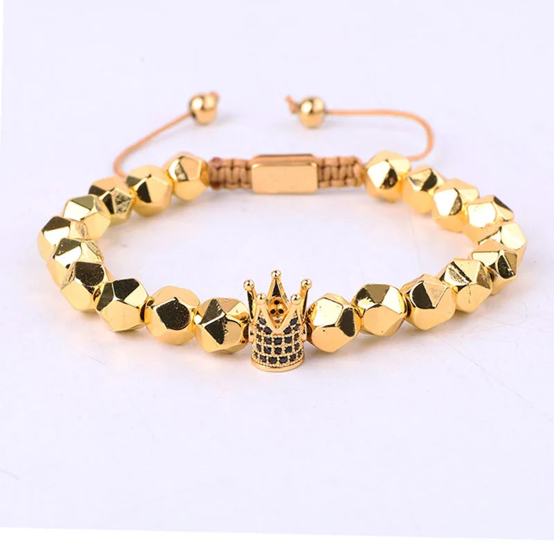 Men's Hematite Bead Bracelet with CZ Pave Crown Design