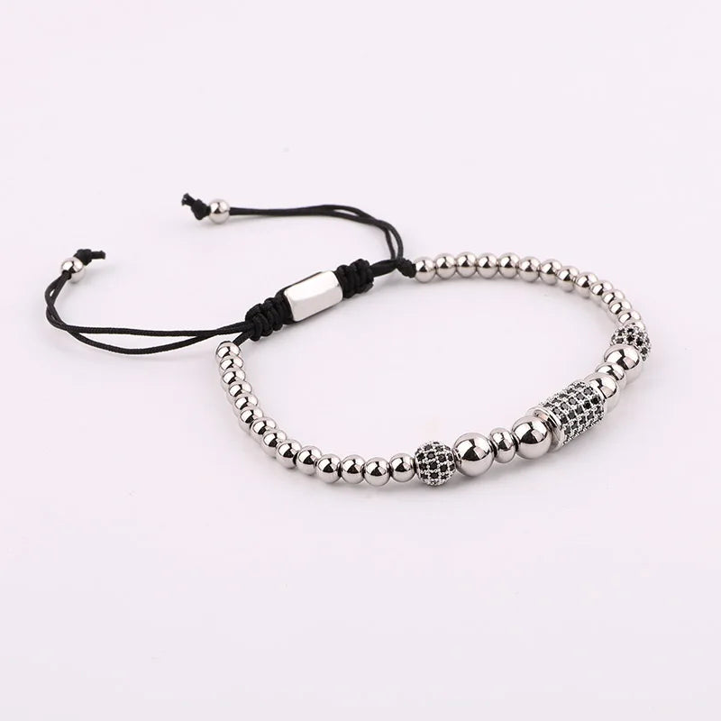 Men Stainless Steel Beaded CZ Pave Macrame Bracelet