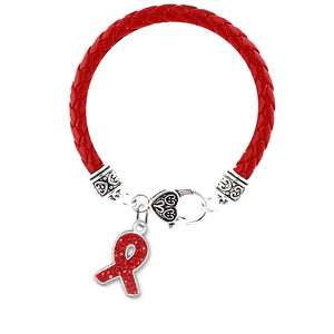 AIDS/HIV Ribbon Pendant Red Leather Bracelets