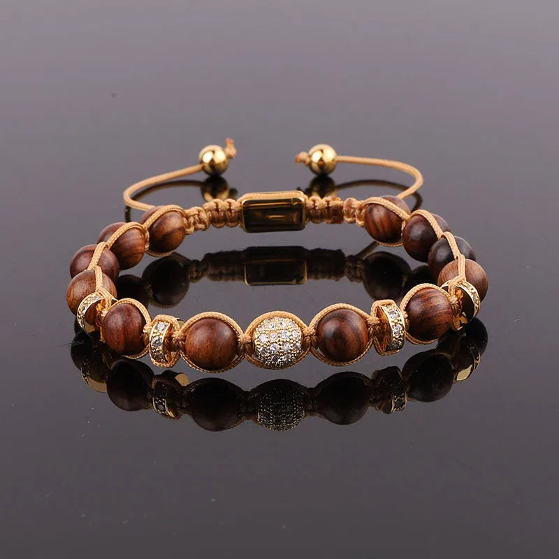 Moonstone CZ Pave Ball Wood Beaded Cord Bracelet