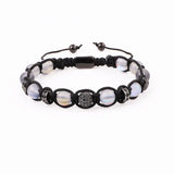 Moonstone CZ Pave Ball Wood Beaded Cord Bracelet