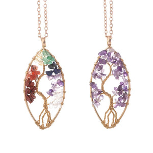 Natural Chip Stone Pendant Oval Shape Life Tree Wrapped Antique Copper Plating