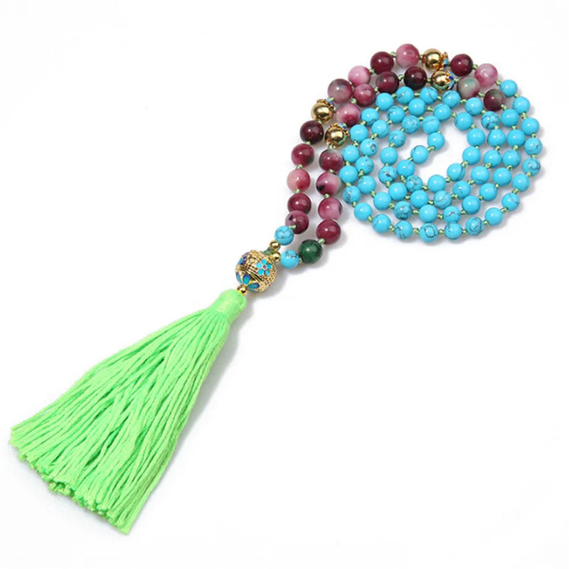 Natural Stone Women Necklace Beads Knotted Tassels Sweater Chain