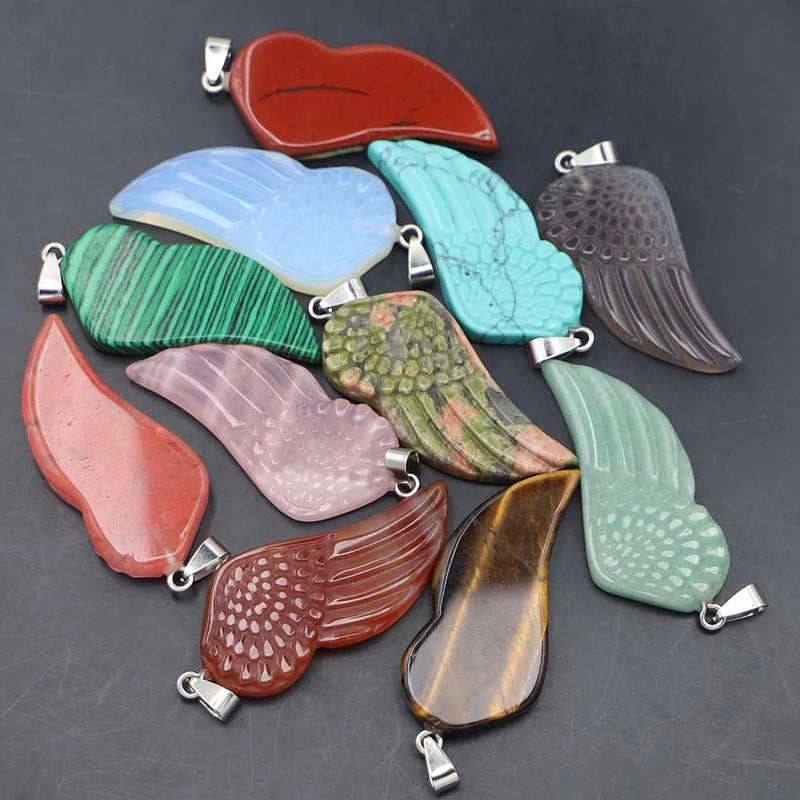 Natural Stone Pendant Charms Angel Fairy Wing Agate Unakite Tiger Eye