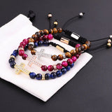Tiger Eye Cross Macrame Beads Bracelet Men Women