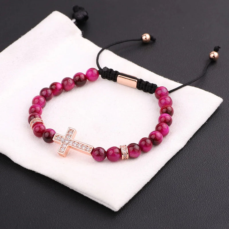Tiger Eye Cross Macrame Beads Bracelet Men Women