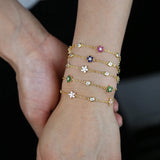 Rainbow CZ Paved Flower Charm Bracelet with Tiny Link Chain