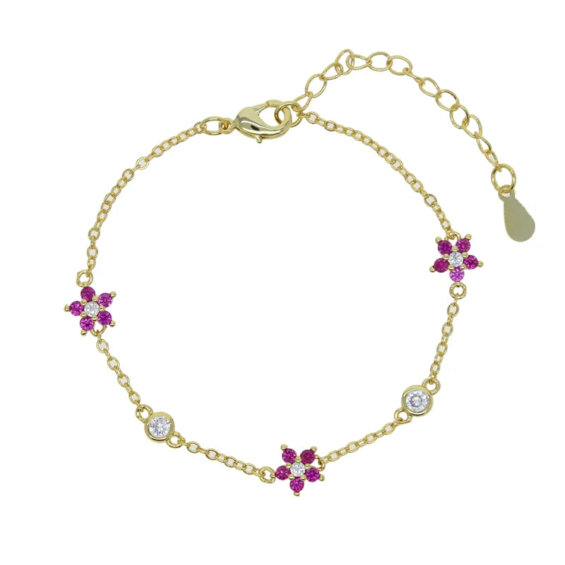 Rainbow CZ Paved Flower Charm Bracelet with Tiny Link Chain