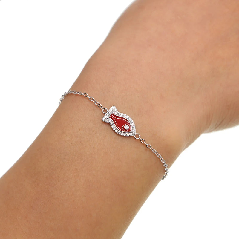 925 Silver Red Fish Bracelet With Clear Cz Bangle