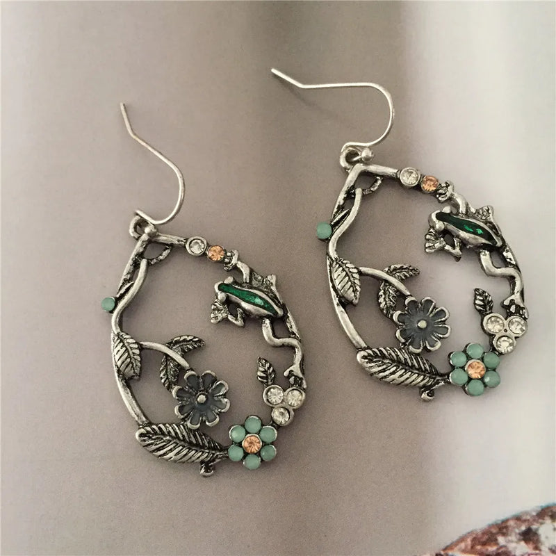Vintage Rhodium Flower Drop Earrings for Women