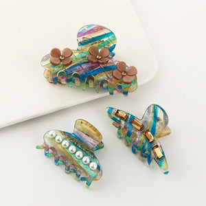 Green Striped Coffee Flowers Hair Claw with Rhinestones