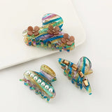 Green Striped Coffee Flowers Hair Claw with Rhinestones