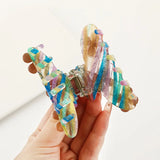 Green Striped Coffee Flowers Hair Claw with Rhinestones
