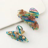 Green Striped Coffee Flowers Hair Claw with Rhinestones