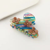 Green Striped Coffee Flowers Hair Claw with Rhinestones