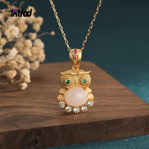 Retro Owl Pendant with Jade Necklace for Women