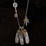 Turquoise Feather Silver Necklace Retro Style Men Women Sweater Chain Jewelry