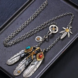 Turquoise Feather Silver Necklace Retro Style Sweater Chain Jewelry
