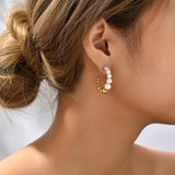 Round Beads Circle Hoop Earrings Stainless Steel Pearls Engagement Jewelry