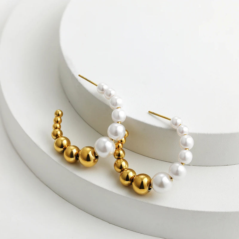 Round Beads Circle Hoop Earrings Stainless Steel Pearls Engagement Jewelry