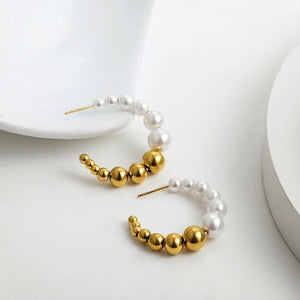 Round Beads Circle Hoop Earrings Stainless Steel Pearls Engagement Jewelry