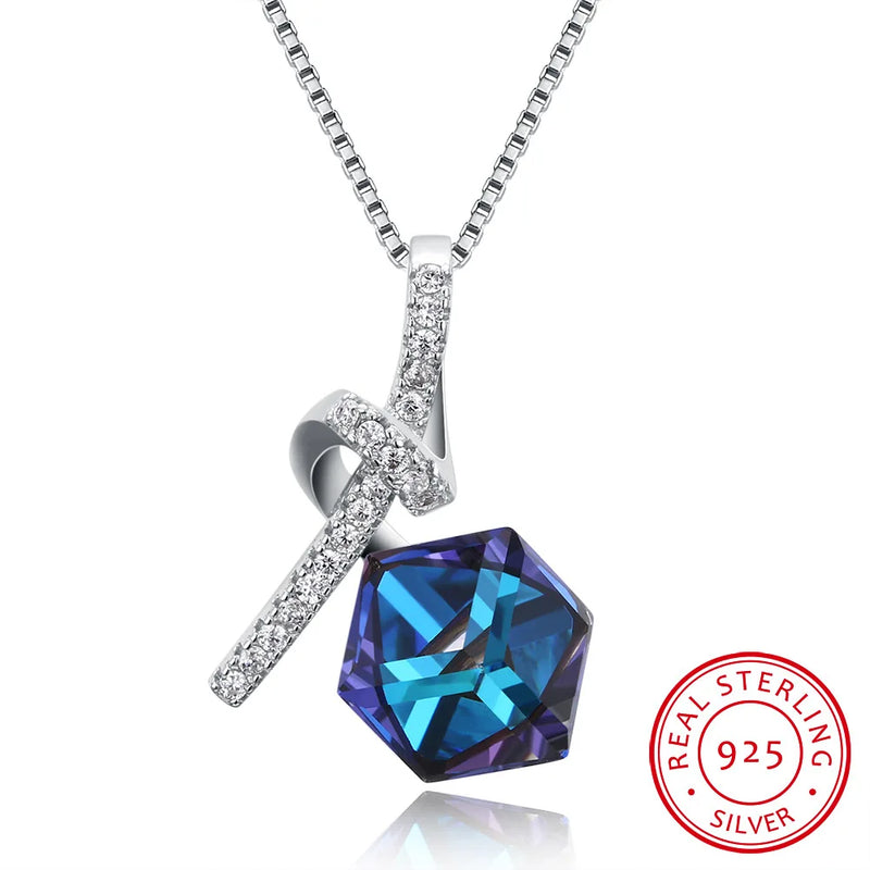 S925 Silver Square Crystal Pendant Necklace for Women Party