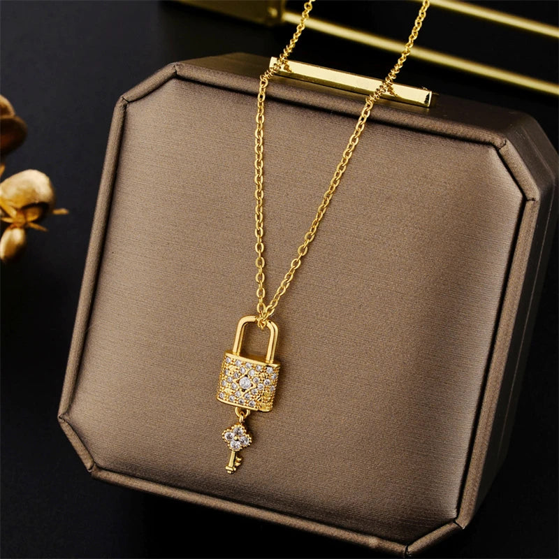 Light Zircon Crystal Key Pendant Necklace Women Party Jewelry