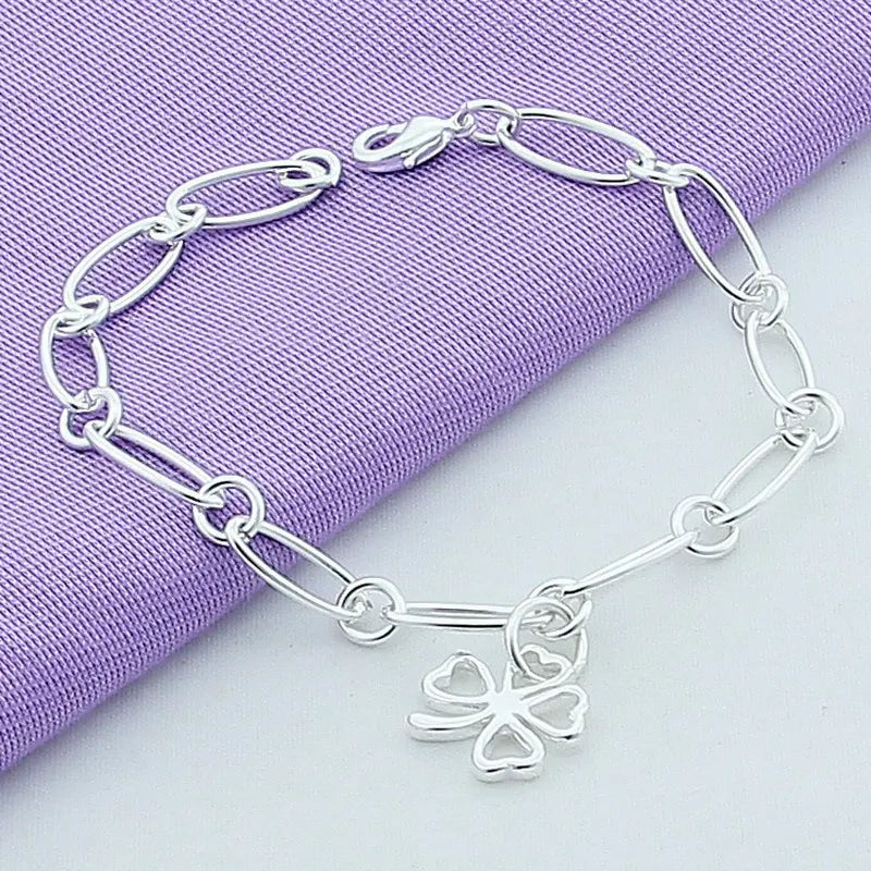 925 Sterling Silver Four-Leaf Clover Charm Bracelet For Women