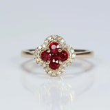 Silver Diamond Ruby Four Leaf Flower Adjustable Ring