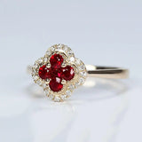 Silver Diamond Ruby Four Leaf Flower Adjustable Ring