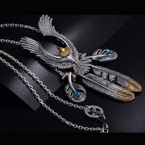 Vintage Silver Feather Eagle Style Star Pendant Necklace Set