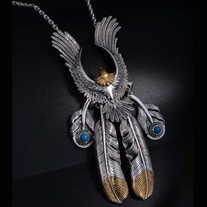 Vintage Silver Feather Eagle Style Star Pendant Necklace Set