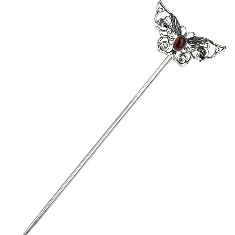 Silver Inlaid Ruby Hollow Butterfly Hairpin Hanfu Accessories
