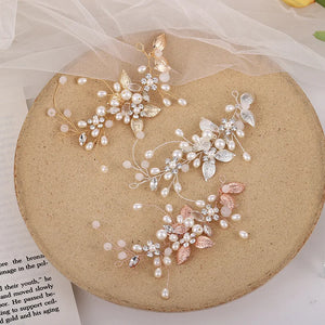 Simulated Pearls Headbands Leaves Rose Silver Wedding Bridal Headpiece