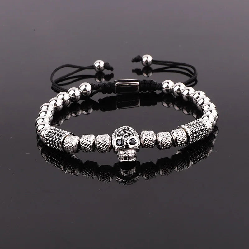 Skull Jewelry Stainless Steel Beaded CZ Pave Macrame Bracelet Men