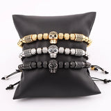 Skull Jewelry Stainless Steel Beaded CZ Pave Macrame Bracelet Men
