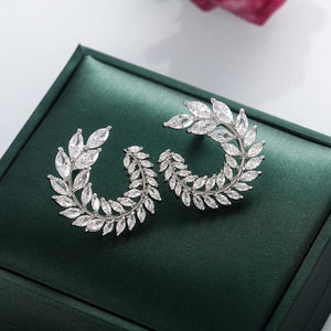 Sparkly Olive Branch Leaf Shape Marquise Cut Big 5a Zircon Stud Earrings