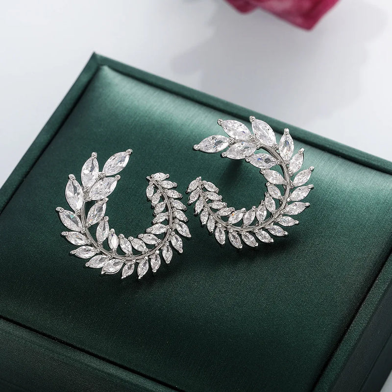 Sparkly Olive Branch Leaf Shape Marquise Cut Big 5a Zircon Stud Earrings
