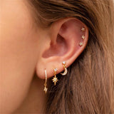 Stainless Steel CZ Chain Stud Earrings Star Moon Piercing Jewelry