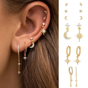 Stainless Steel CZ Chain Stud Earrings Star Moon Piercing Jewelry