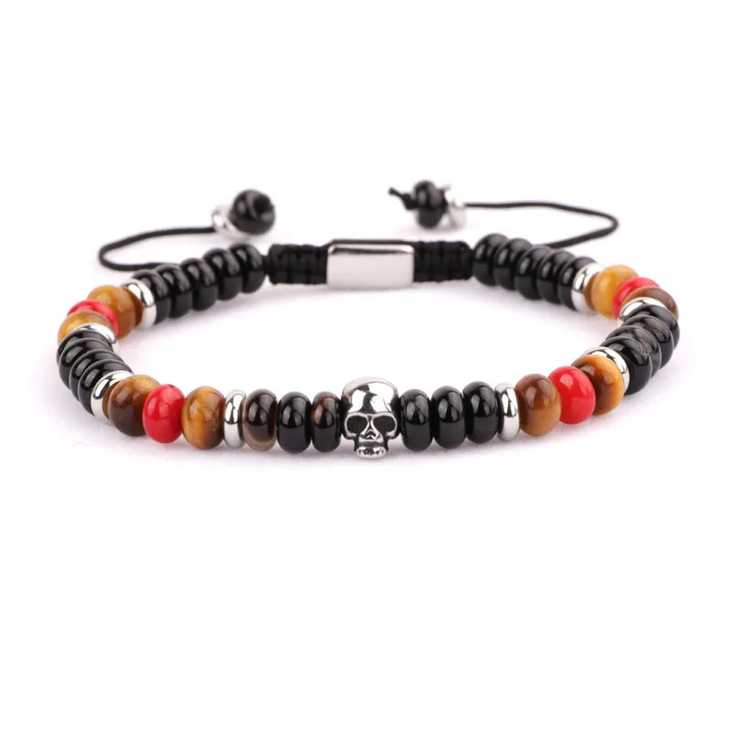 Skull Charm Stone Men Bracelet Stainless Steel Natural Adjustable Gift