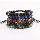Stainless Steel Vintage Leaf Feather Charm Natural Stone Bracelet Men