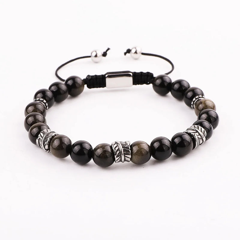 Stainless Steel Vintage Leaf Feather Charm Natural Stone Bracelet Men