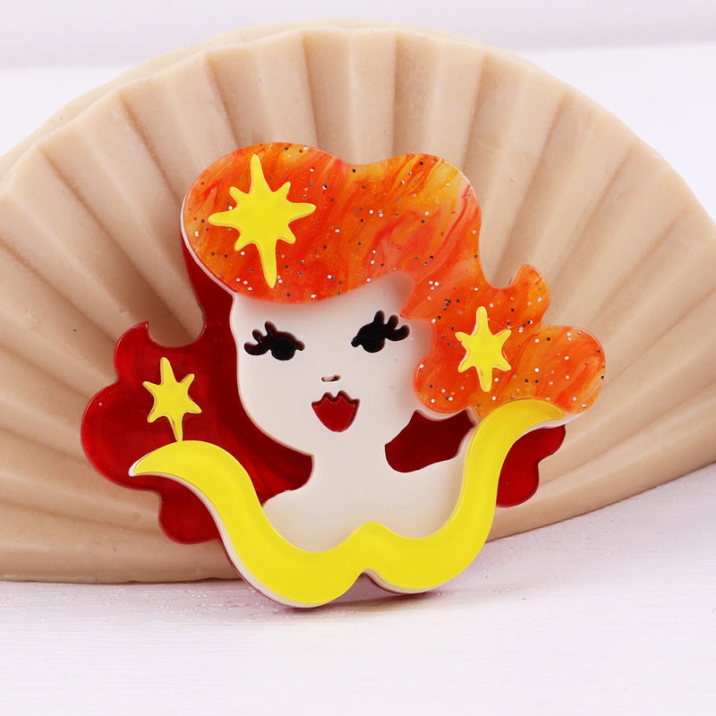 Yellow Hair Lady Acrylic Brooch Pin Resin Figure Jewelry